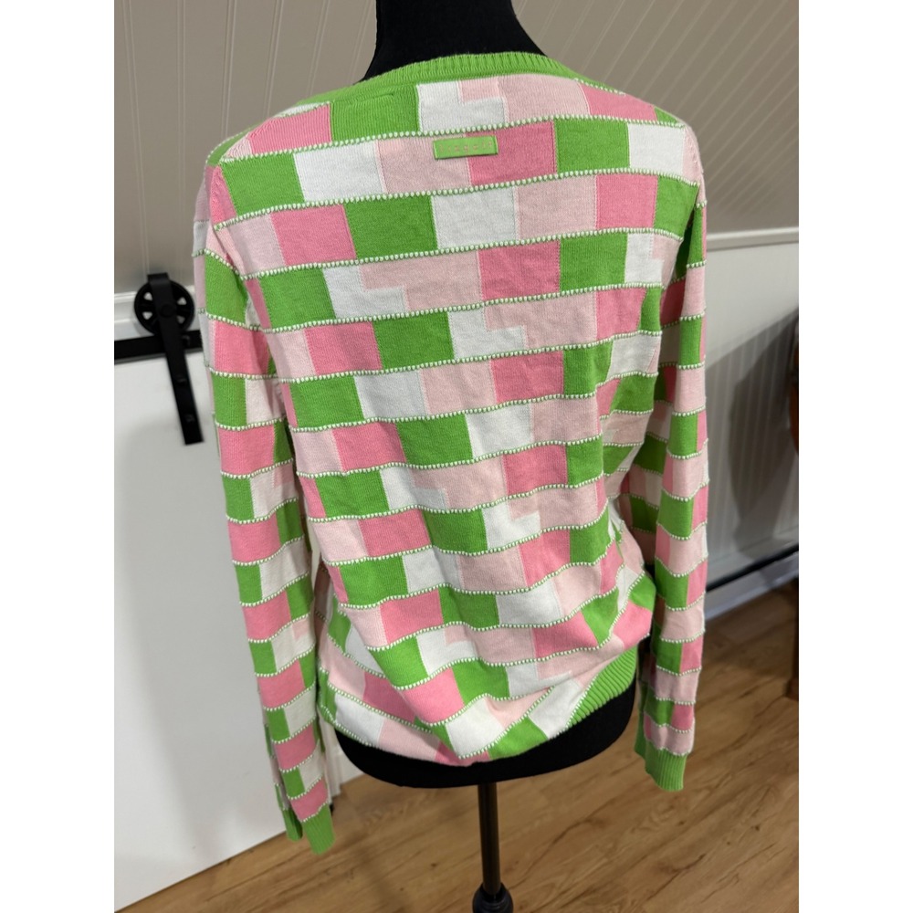 Lizgolf Liz Claiborne Vtg 80s PREPPY Pink Green Checker Knit Sweater Large RARE - Picture 7 of 7